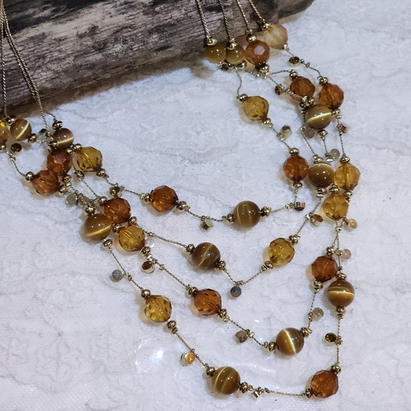 Honey Tiger Eye Amber Colored Beads Gold Tone Multi Strand (16" to 20") Necklace - Picture 1 of 6